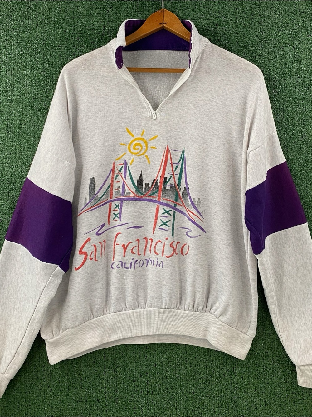VTG 90โs San Francisco CA Bay Bridge Distressed 1/4 Zip Sweatshirt Womenโs XL